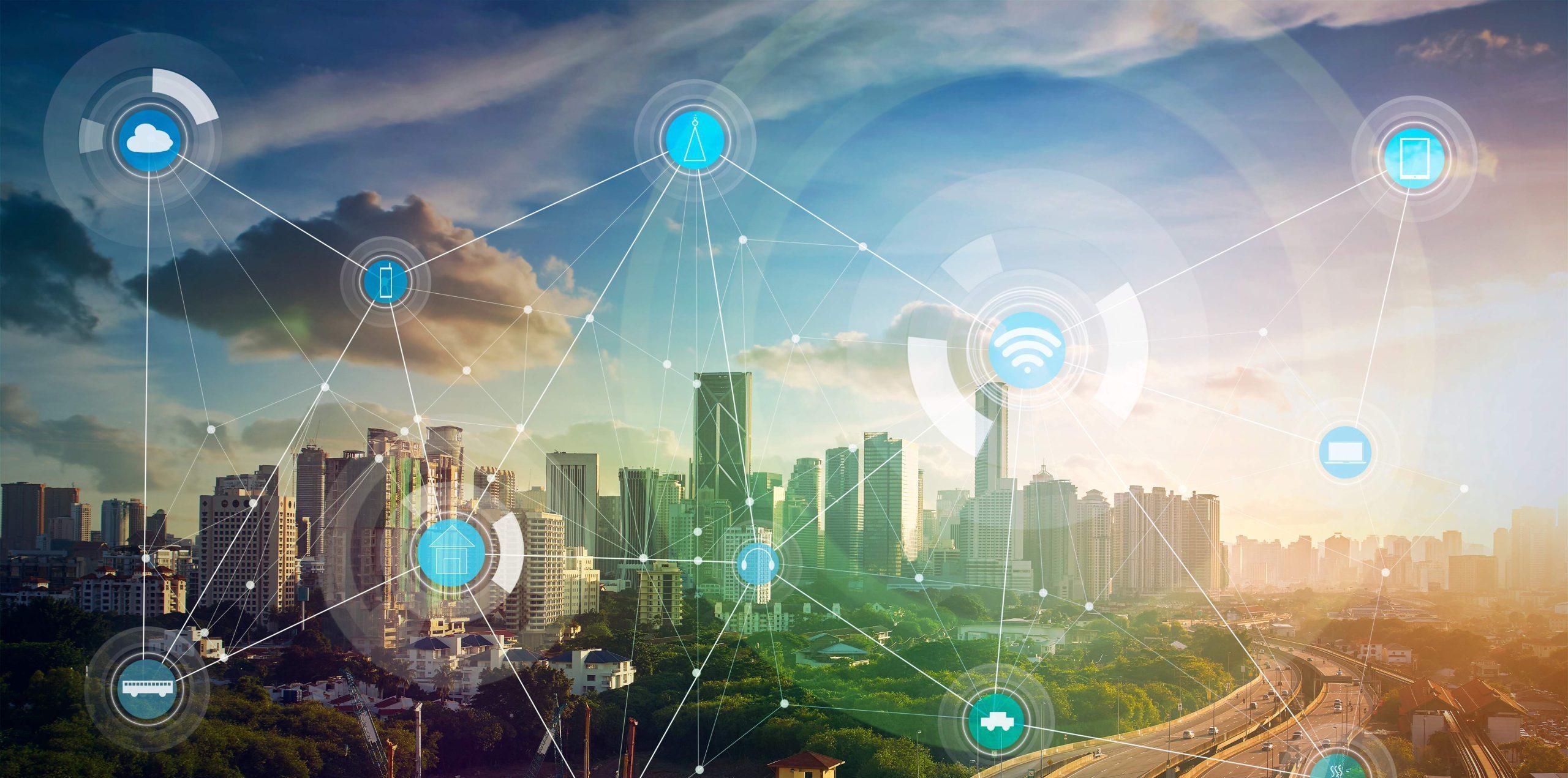 abstract visual of intelligent infrastructure with IoT, smart city and wireless communications network