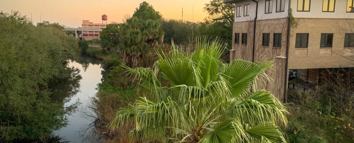 Aerial view of Hogans Creek in Jacksonville, FL at sunset